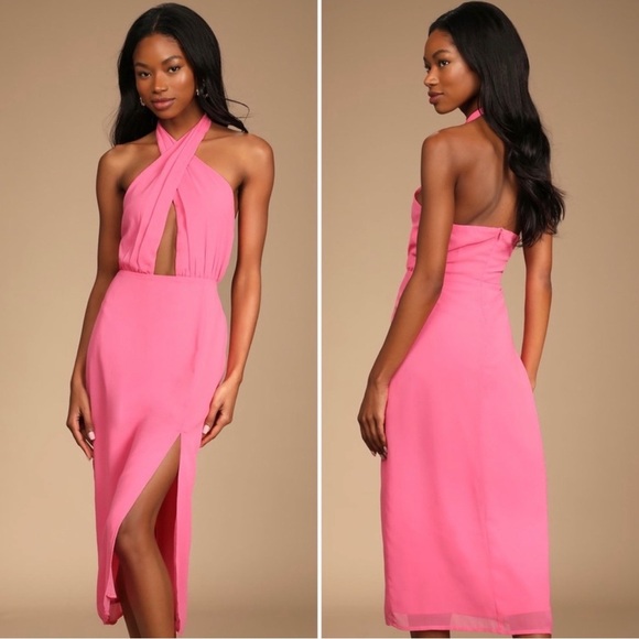 Lulus Bright Pink Wrap Cut Out Midi Dress - Picture 3 of 9